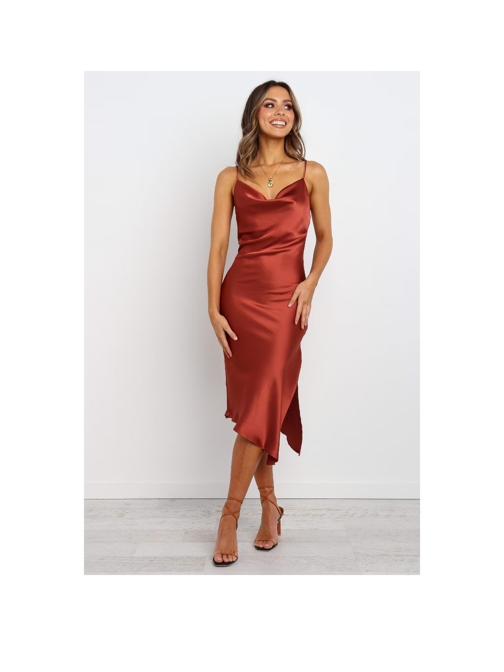 Satin Cowl Neck Slip Dress in Rust